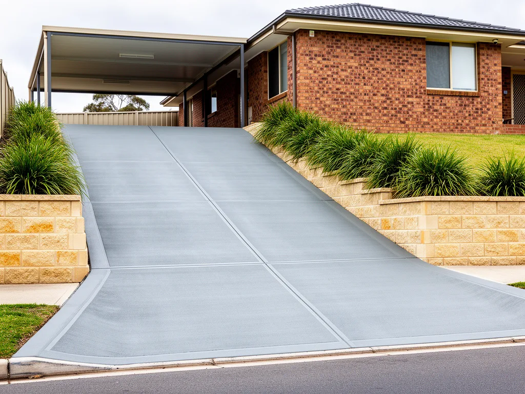 Long sloping driveway with a fresh even concrete resurfacing finish beside a brick home