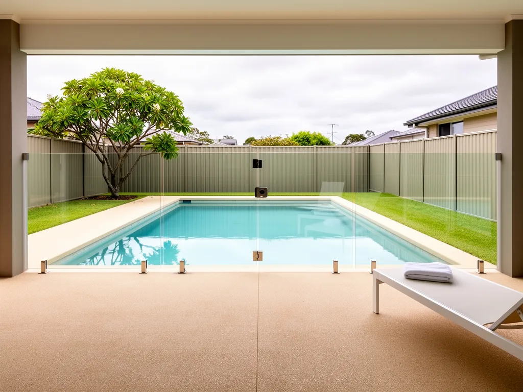 Pool surround with a pale non-slip concrete resurfacing finish around a backyard pool