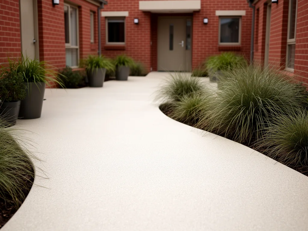 Curving entry path with a fine spray-on concrete resurfacing finish in light stone